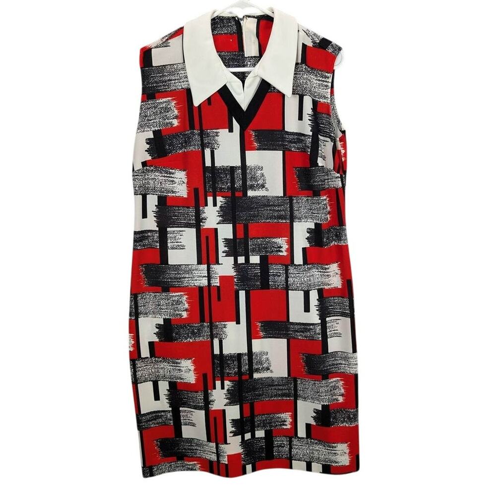 Vtg Dress Womens Large Red Abstract Knee-Length Sleeveless Zip Contrast Collar